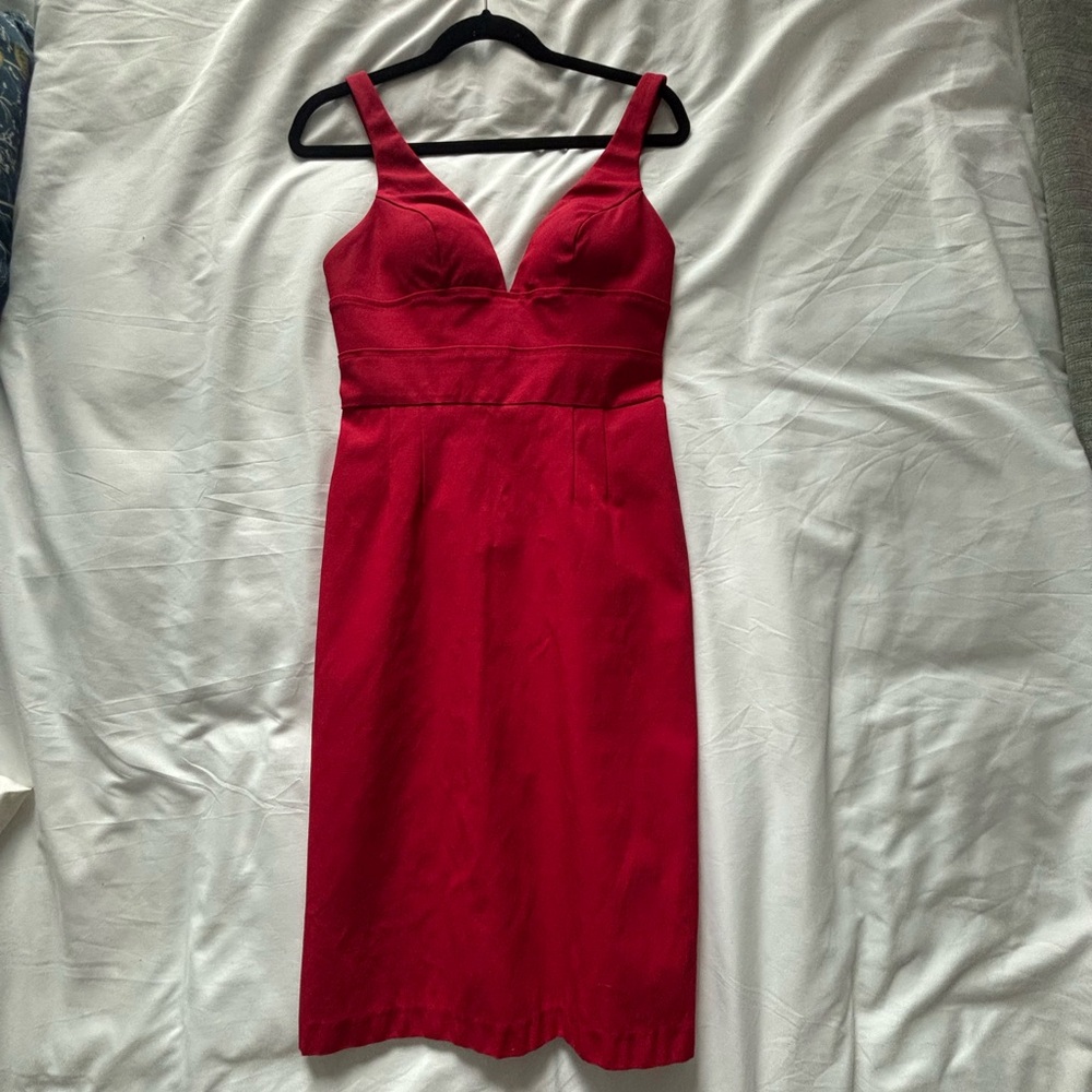 Red V neck Midi Sleeveless Fitted Dress